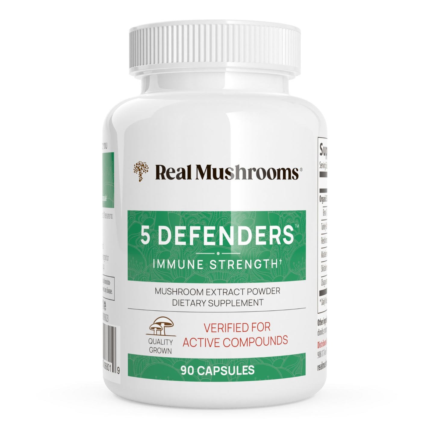 A white bottle labeled "Real Mushrooms 5 Defenders® Organic Mushroom Blend Capsules" contains 90 capsules of mushroom complex extract powder dietary supplement for immune support.