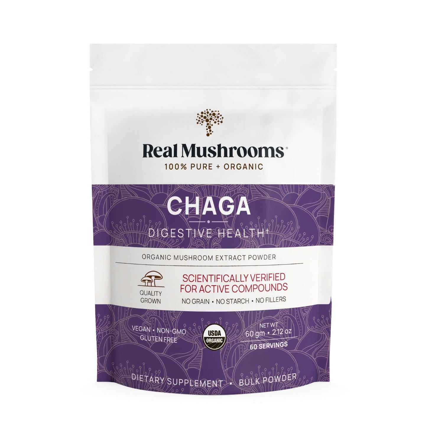 A white and purple pouch labeled "Real Mushrooms Organic Chaga Extract Powder," showing certifications and product info on the front, offers organic chaga mushroom powder to support immune and digestive health.