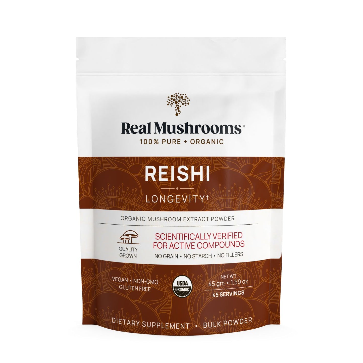 A white and brown pouch labeled "Real Mushrooms Organic Reishi Mushroom Powder – Bulk Extract" features quality and dietary claims on the front, highlighting organic Reishi mushroom benefits and premium beta-glucans.