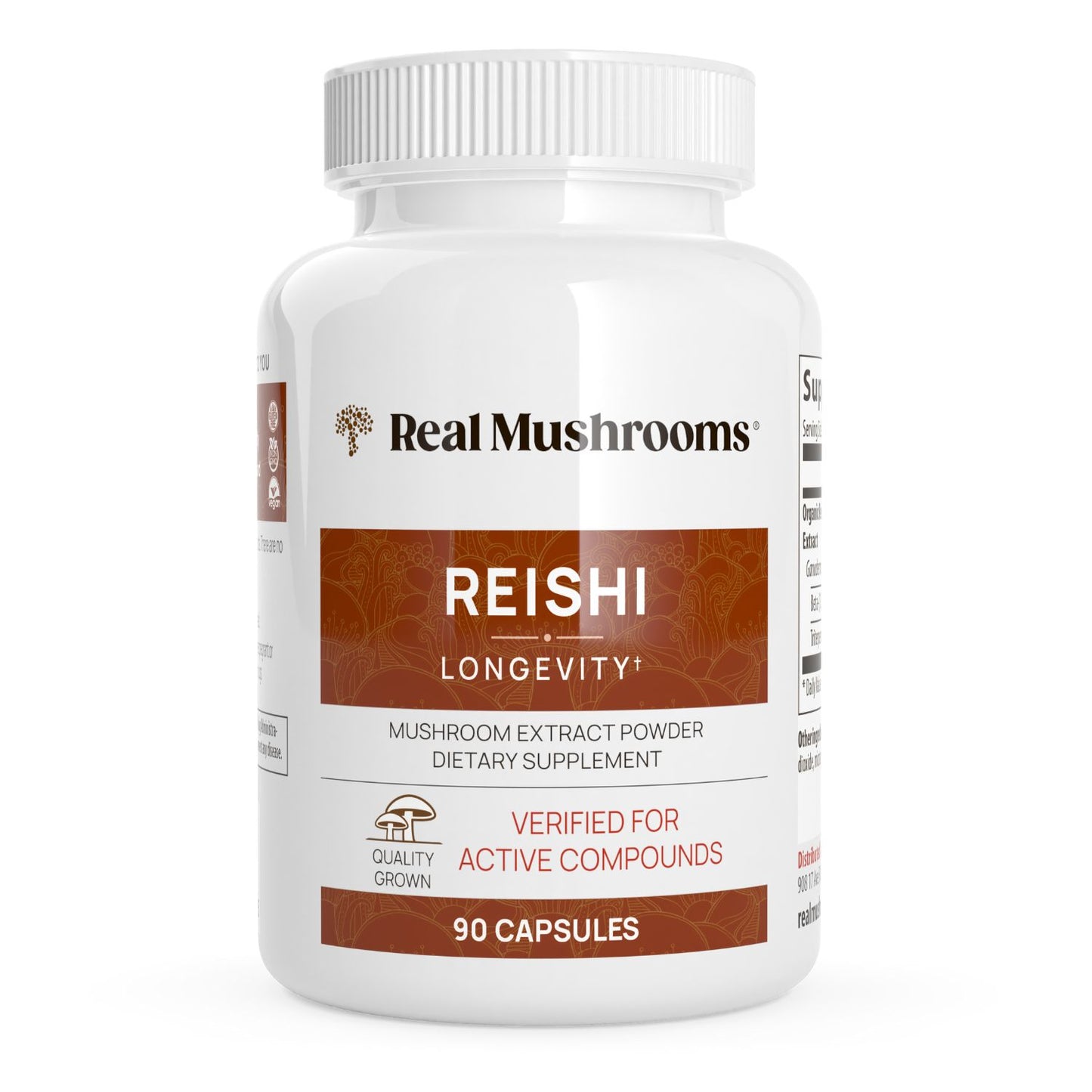 A white bottle labeled “Real Mushrooms Organic Reishi Mushroom Capsules,” containing 90 capsules of Ganoderma lucidum mushroom extract dietary supplement.