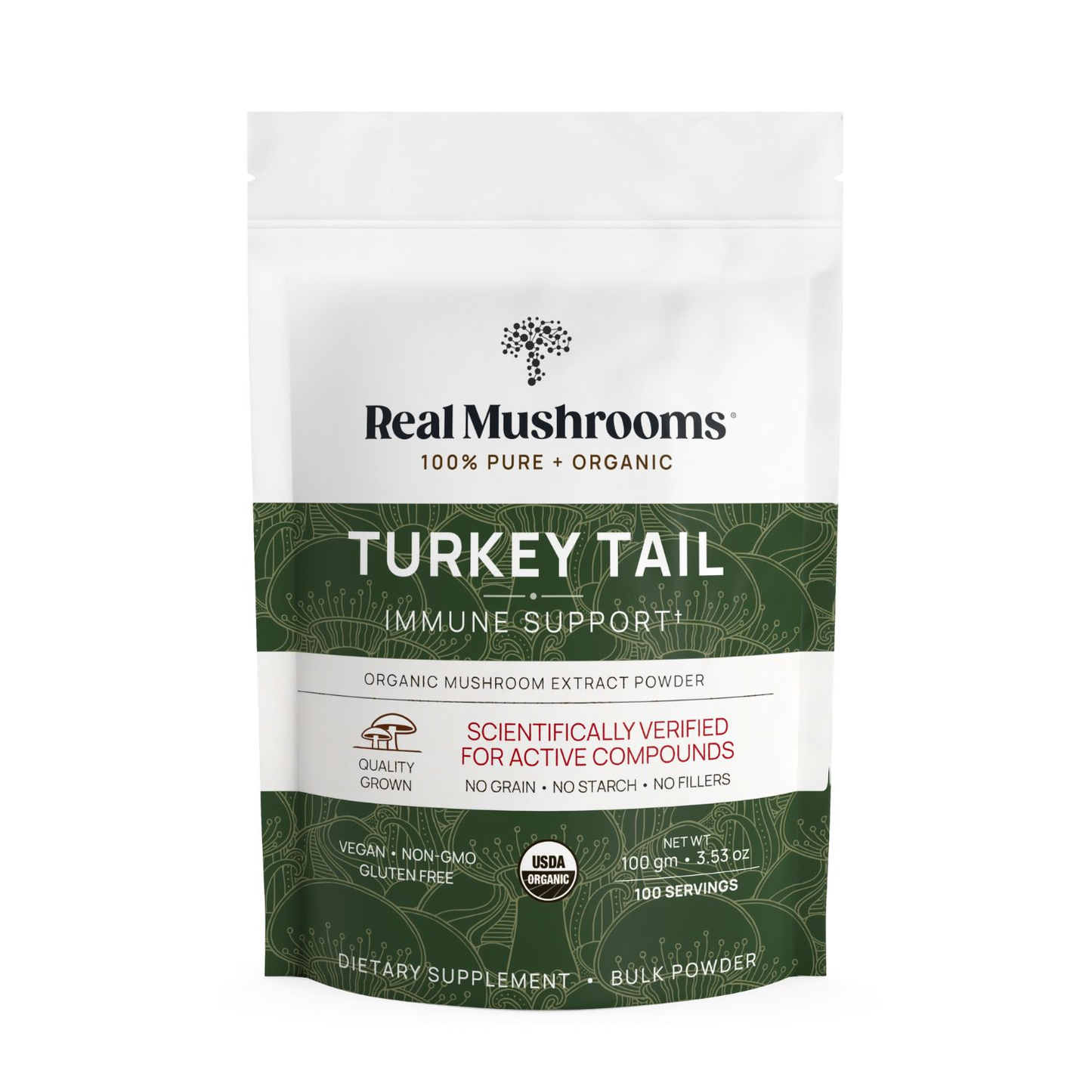 Real Mushrooms Turkey Tail Extract - Bulk Powder offers 100 servings of organic, vegan, non-GMO, gluten-free USDA organic mushroom powder for immune support.