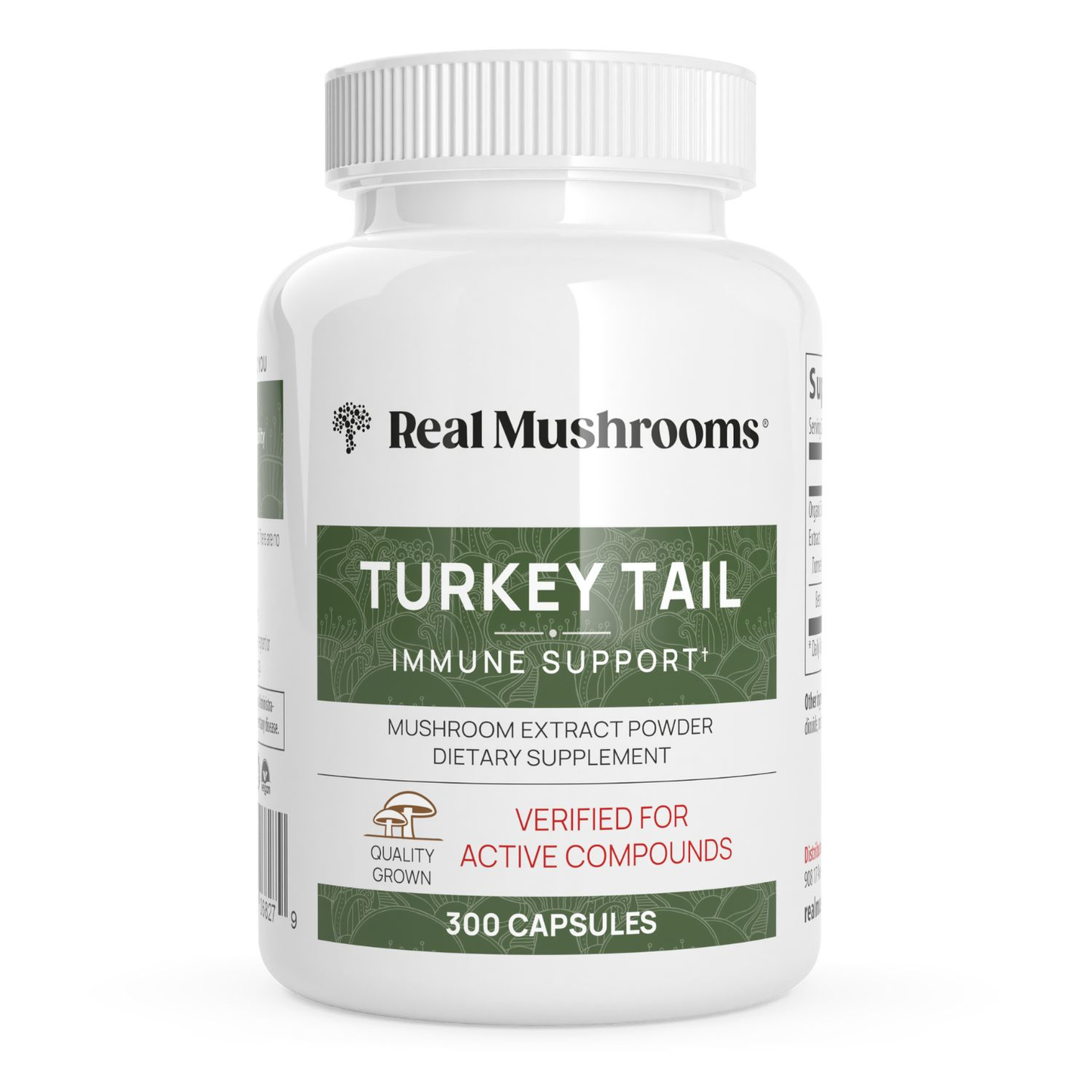 A white bottle labeled "Real Mushrooms Turkey Tail Mushroom Capsules" contains 300 capsules of mushroom extract powder, featuring quality and active compound verification icons—formulated to support immune health with verified beta-glucans.