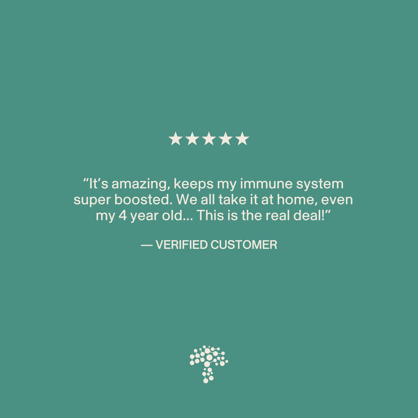 A five-star review praises Real Mushrooms 5 Defenders® Organic Mushroom Blend Capsules for boosting immune support for the whole family, including a 4-year-old, with verified customer attribution and tree logo shown.