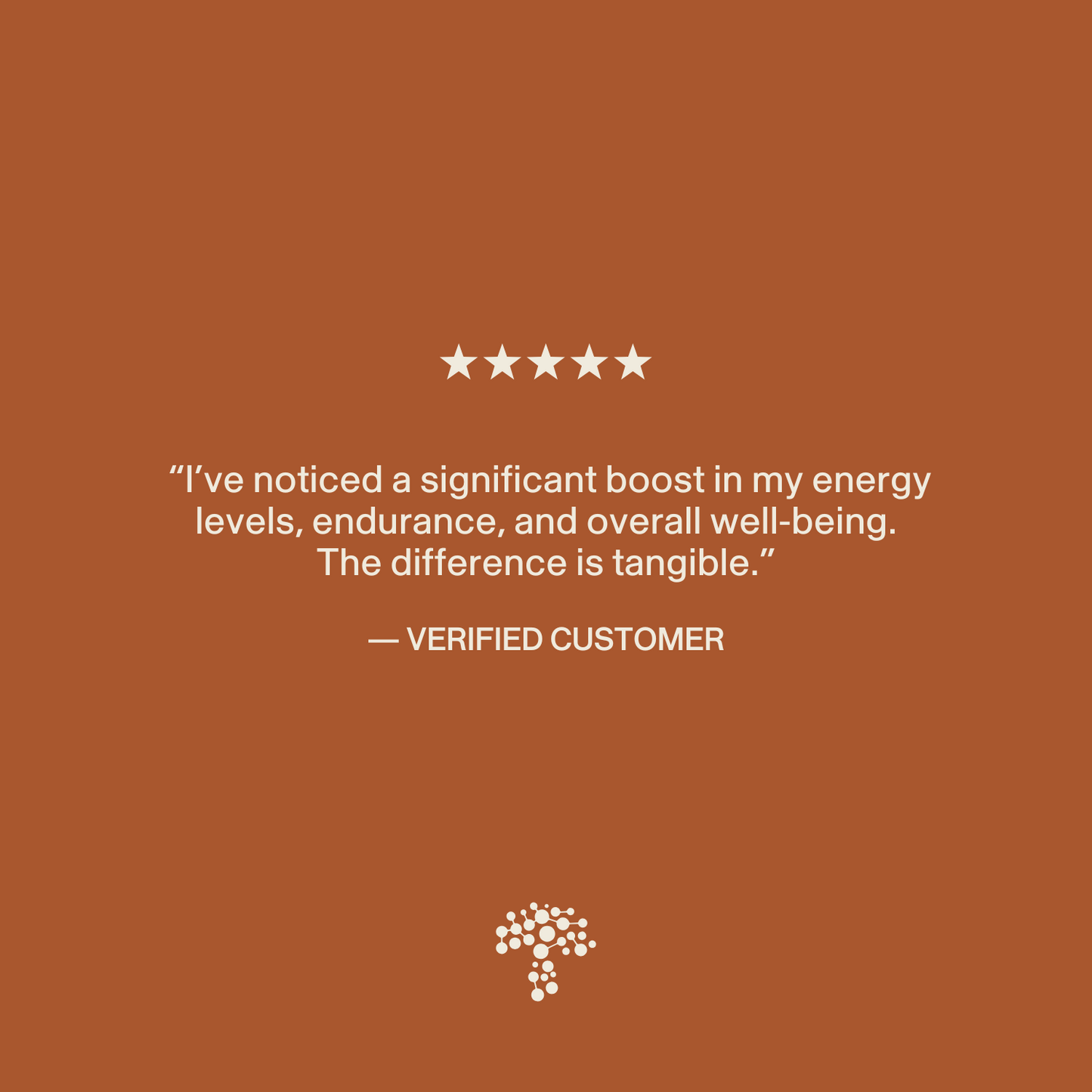 White text on brown shows a verified five-star review for Real Mushrooms Organic Cordyceps Extract Capsules, praising increased stamina, energy, and well-being. A small tree logo is displayed at the bottom.