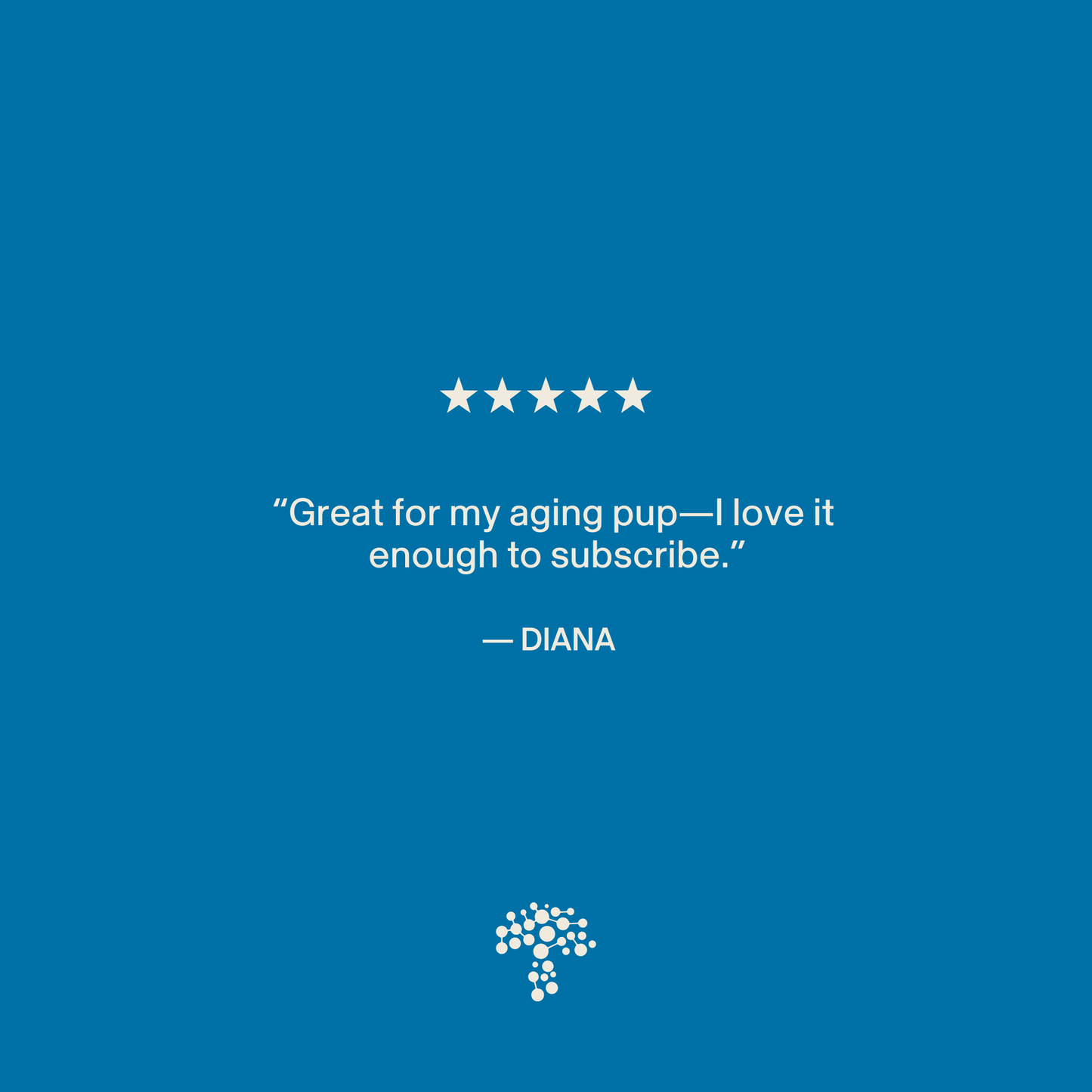 A five-star review on a blue background reads: “Great for my aging pup—I love Daily Dawg Powder for Pets by Real Mushrooms enough to subscribe.” — Diana. A small white tree logo is shown at the bottom.
