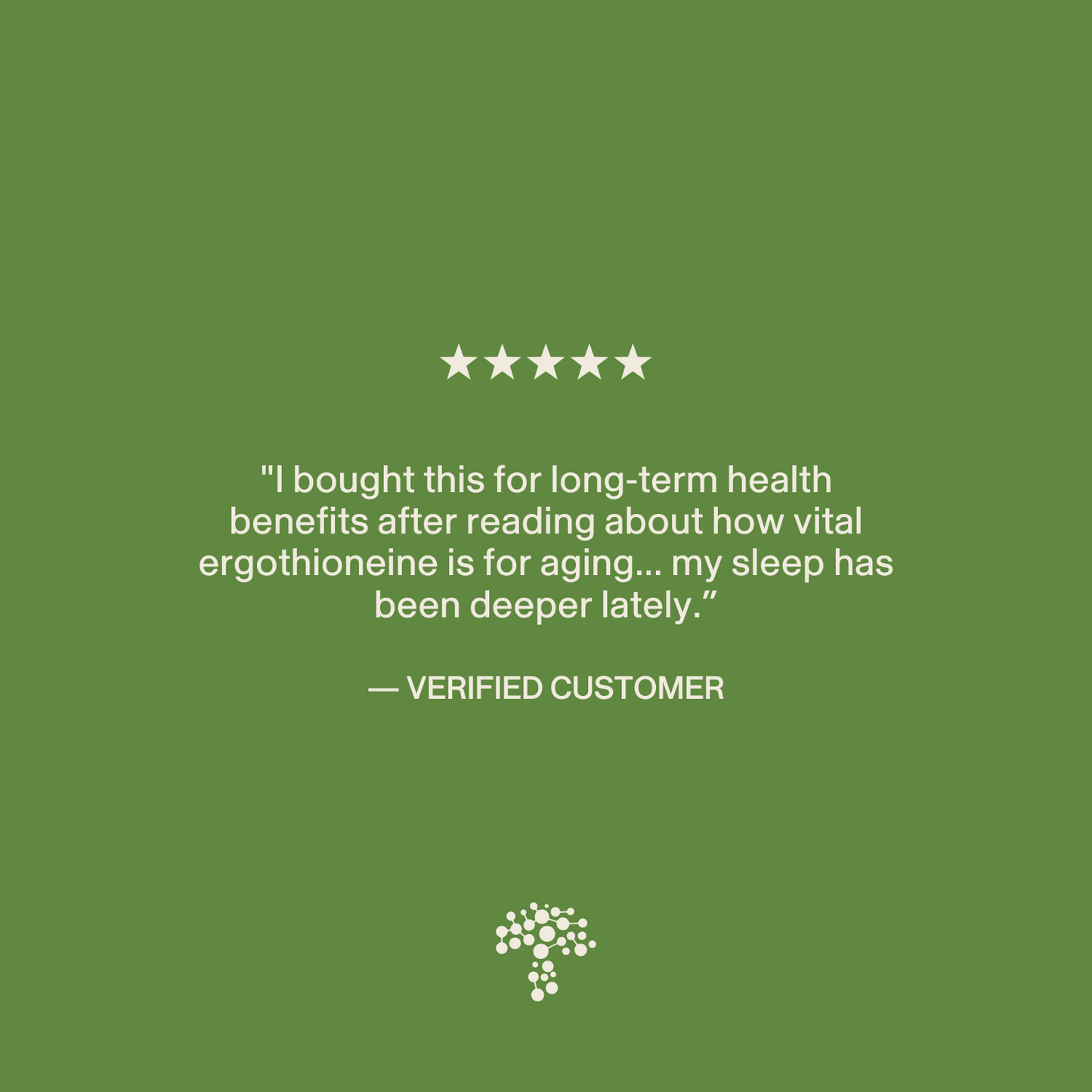 A customer review on a green background features improved sleep and health after using Real Mushrooms Ergo+ Ergothioneine Supplement. A white tree logo appears at the bottom.