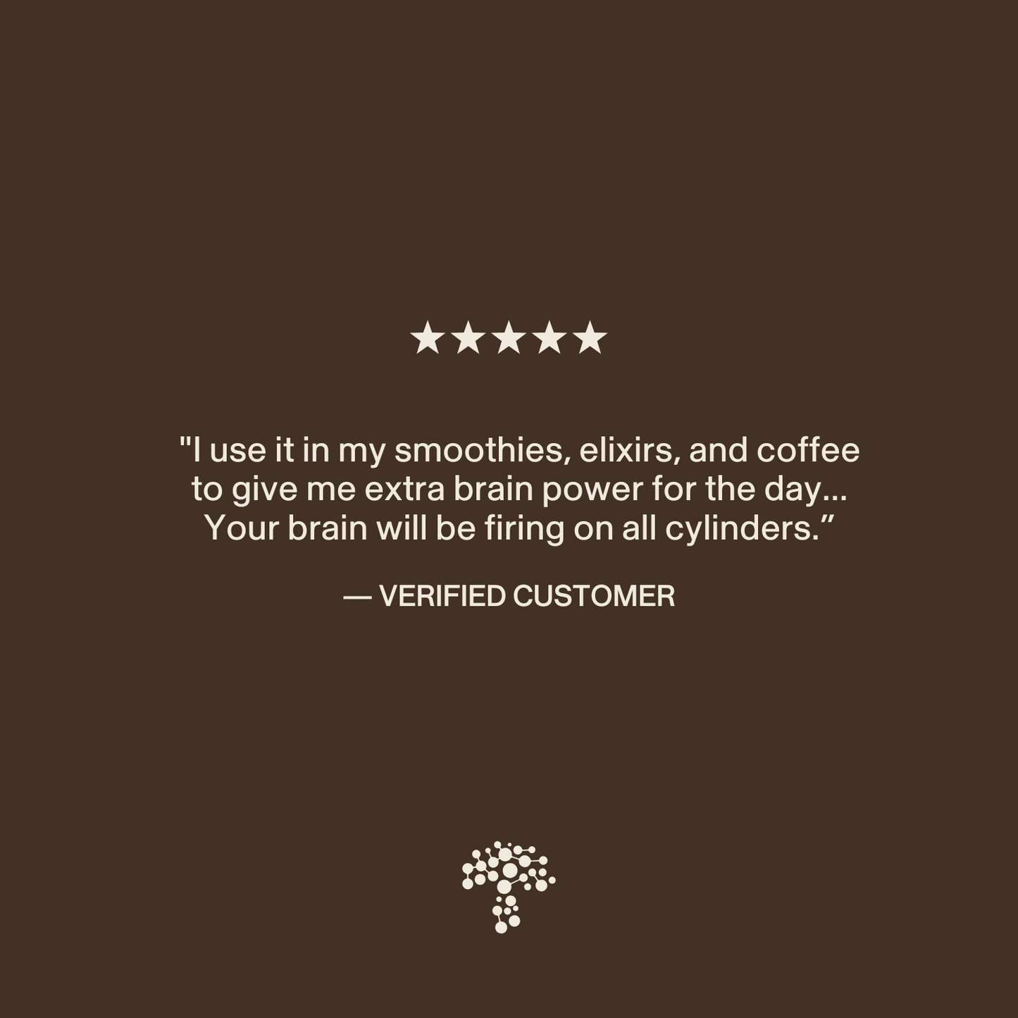 A five-star review says Real Mushrooms Lion’s Mane Mushroom Powder boosts brain power and immune health when added to smoothies, elixirs, or coffee; package features a small tree logo at the bottom.