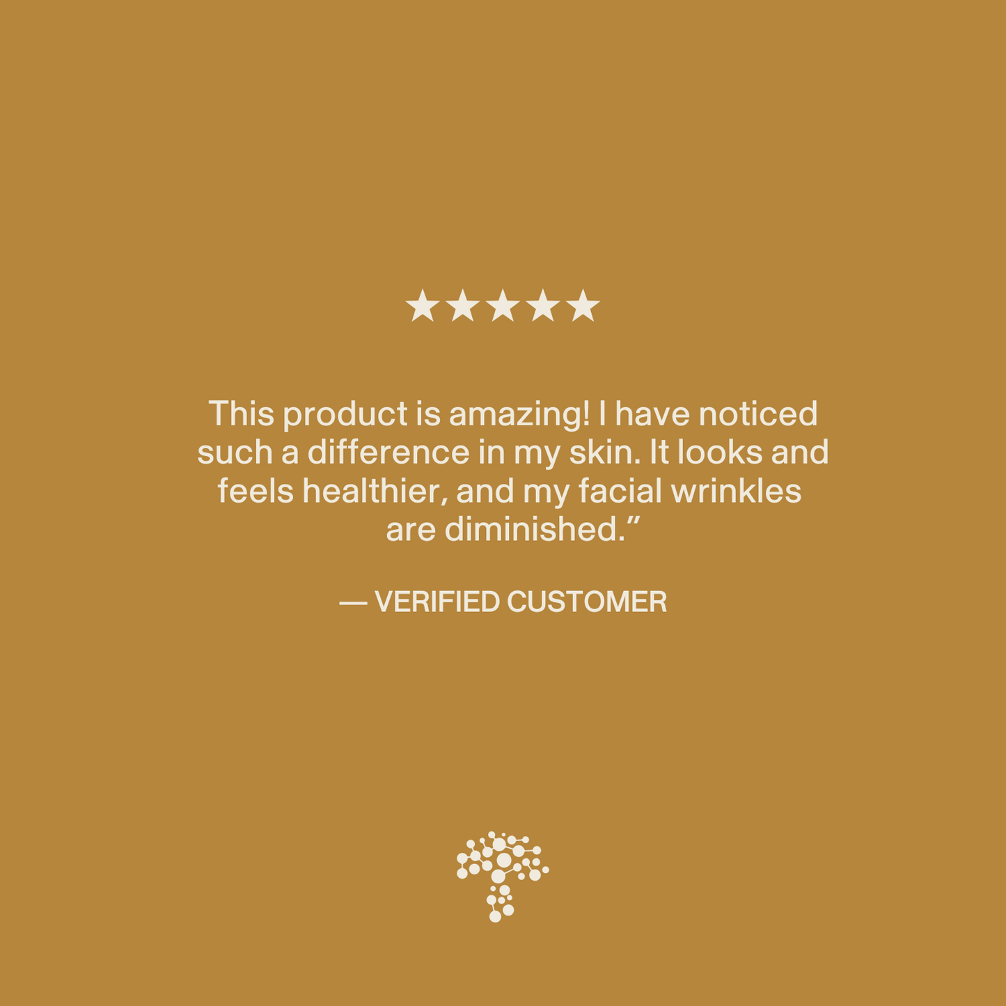 A five-star customer review on a tan background praises Real Mushrooms' Organic Tremella Extract Powder for improving skin, hair, and nail health while reducing wrinkles. A verified customer badge and a small tree logo appear at the bottom.