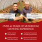 Promotional image highlighting the experience and trustworthiness of Real Mushrooms, a family-owned mushroom growing business specializing in Lion's Mane, Ashwagandha, Rhodiola and Bacopa, featuring two male founders in a greenhouse setting with a list of their qualifications and expertise.