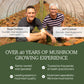 Two men smiling in an organic mushroom growing facility, with text highlighting their expertise and experience in the field of Real Mushrooms' Turkey Tail Mushroom Capsules cultivation.
