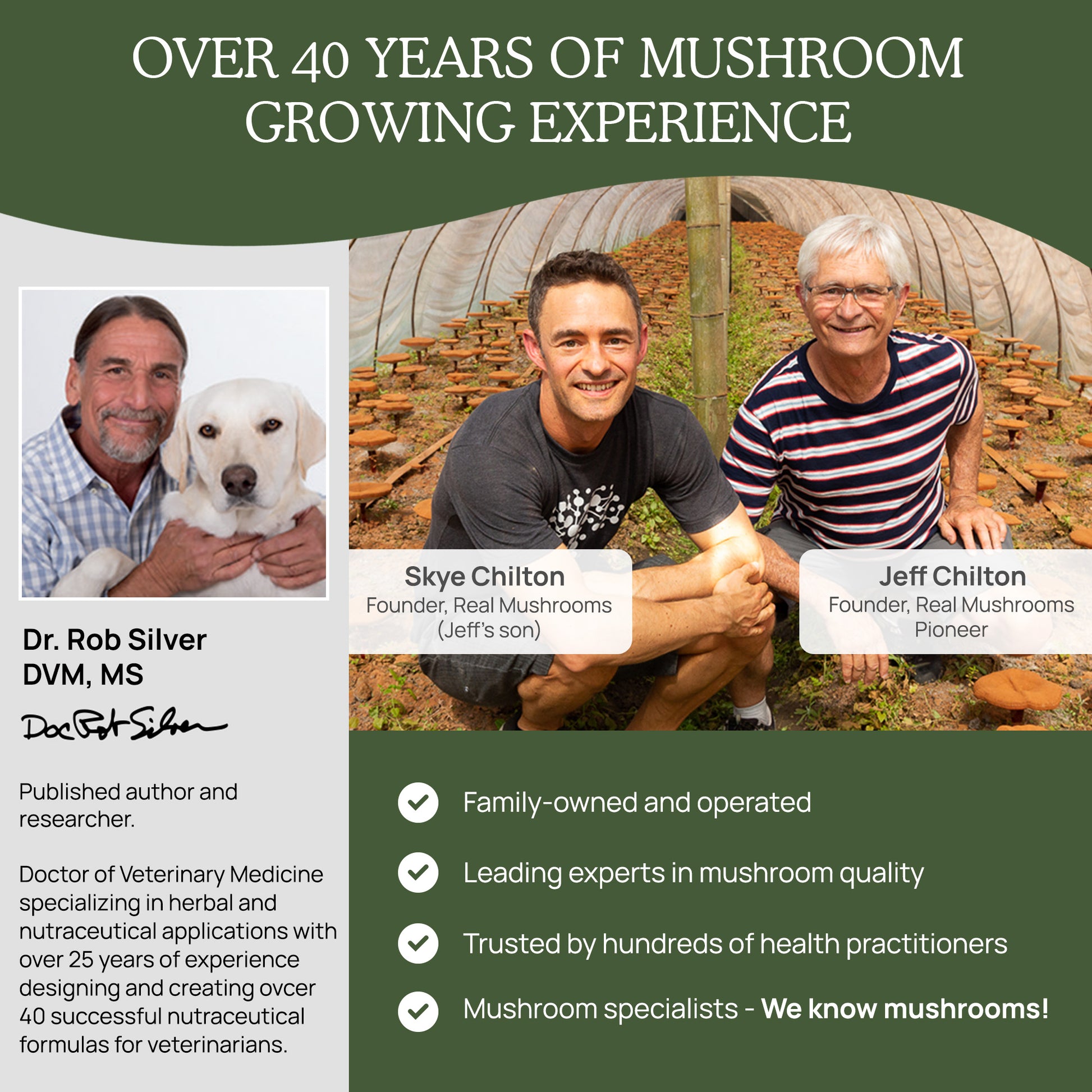 The image is a promotional graphic highlighting the expertise and experience behind Real Mushrooms, a company specializing in Turkey Tail Mushroom Extract Powder for Pets. It features portraits of three key individuals: Dr. Bob Silver, who is a published veterinarian with over