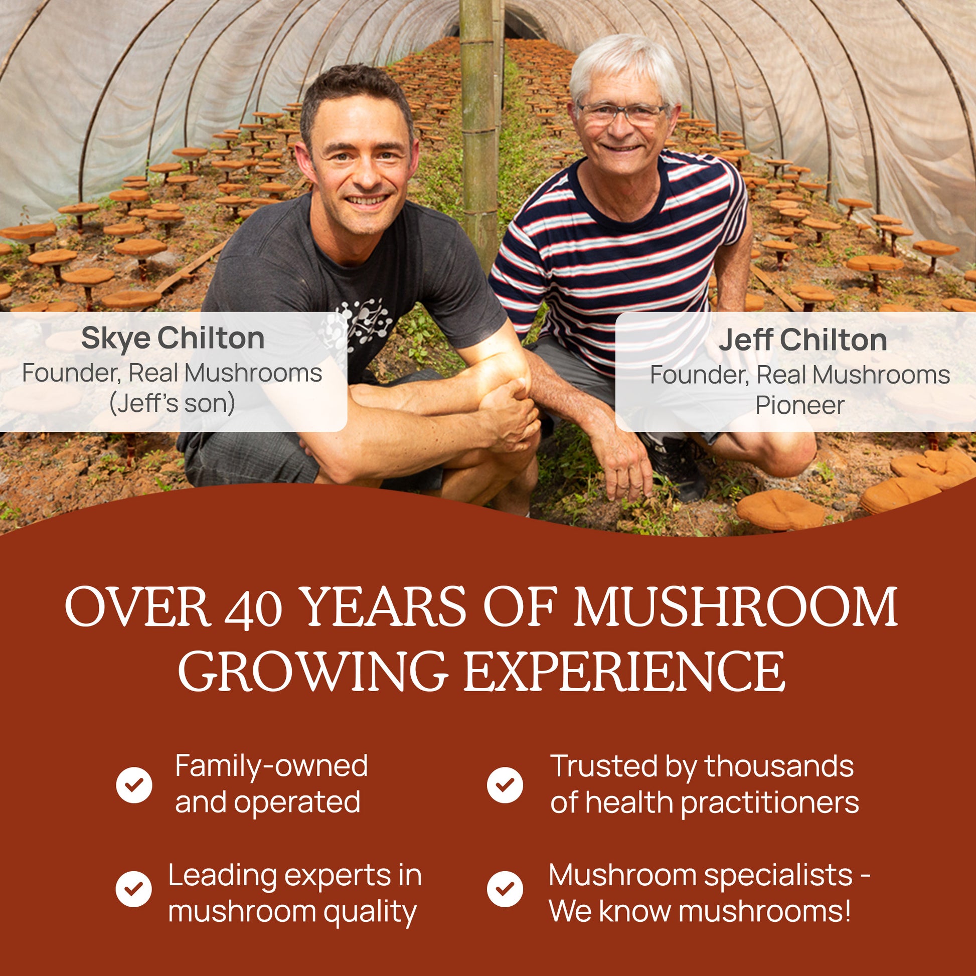 Two smiling men, identified as Skye Chilton and Jeff Chilton, are seated in a mushroom growing facility, with text highlighting over 40 years of mushroom growing experience and the trust placed in their Real Mushrooms Organic Reishi Mushroom Powder – Bulk Extract.