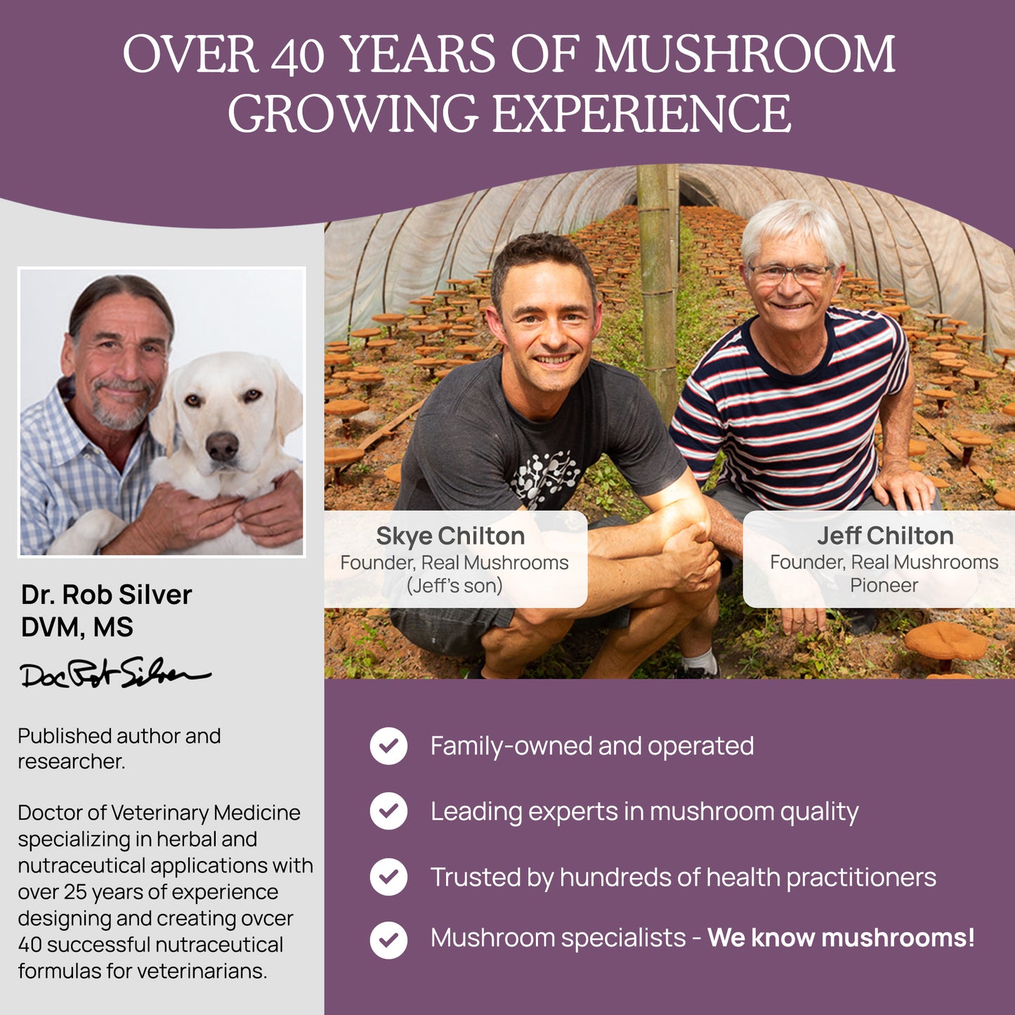 The image showcases three individuals associated with a company called Real Mushrooms, which specializes in growing mushrooms and producing USDA certified organic Chaga Extract Powder for Pets. Dr. Rob Silver, a published veterinarian with over 25
