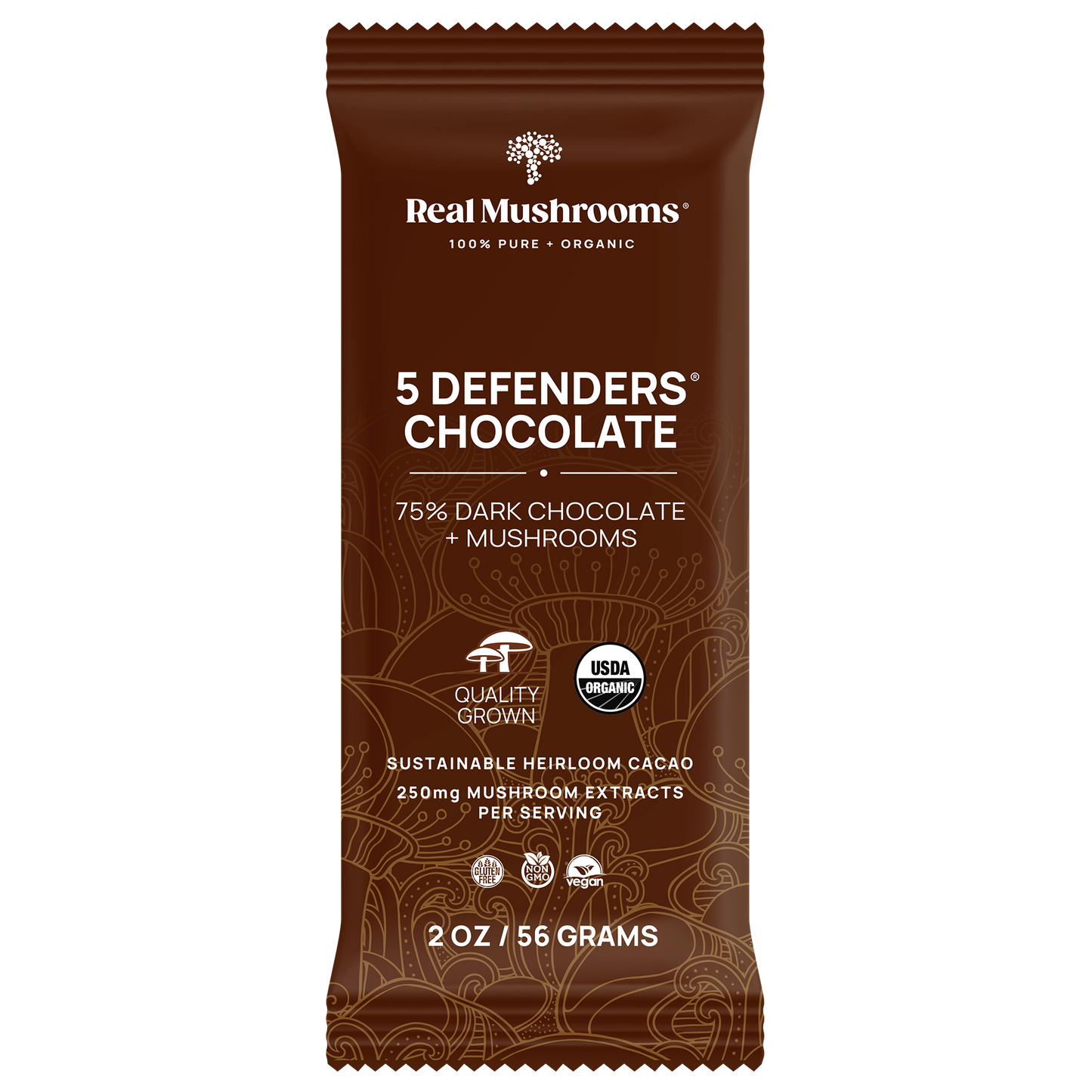 A brown wrapper labeled "Mushroom Chocolate Bar - 5 Pack" by Real Mushrooms features 75% organic dark chocolate and functional mushrooms, with quality certifications. Net weight: 2 oz (56 g). Enjoy the benefits of Mushroom Chocolate Bars.