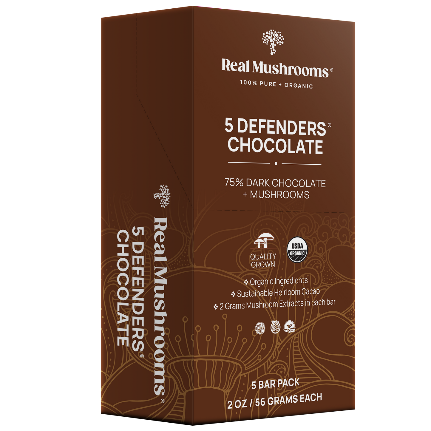 The Real Mushrooms Mushroom Chocolate Bar - 5 Pack includes five 2 oz bars, each made with 75% organic dark chocolate and functional mushrooms.