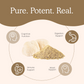 A graphic featuring a pile of beige Lions Mane Mushroom Powder surrounded by icons for cognitive, digestive, immune, and mood support, with the words "pure. potent. real." above.