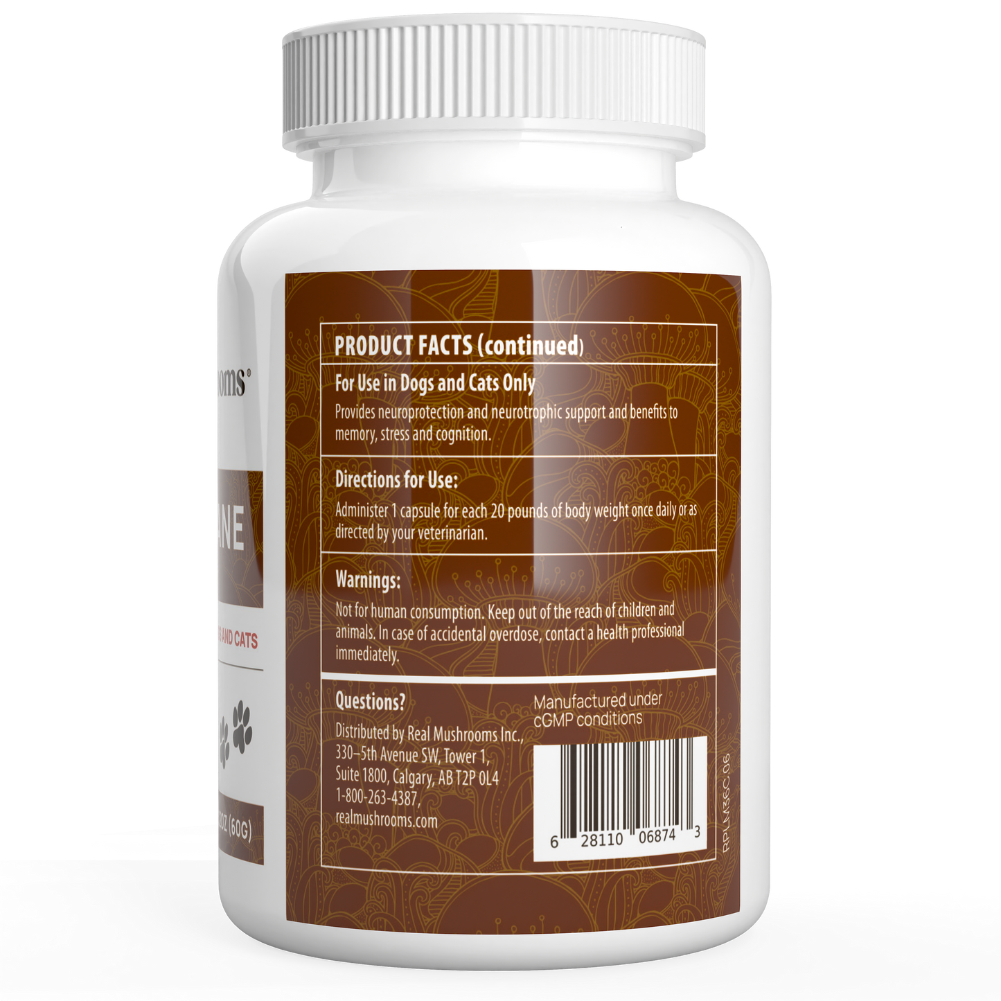 White supplement bottle with brown label showing directions, warnings, and product facts for Real Mushrooms Organic Lions Mane Extract Capsules for Pets (dogs and cats). Contains Lion's Mane mushrooms and beta-glucans. Barcode and contact info are visible.