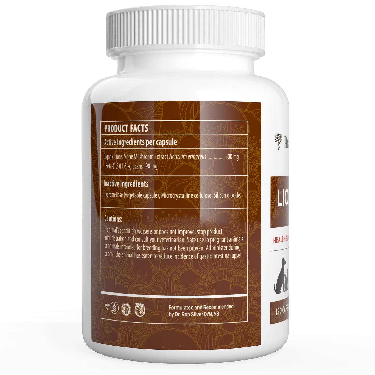 A white bottle of Real Mushrooms Organic Lions Mane Extract Capsules for Pets displays the product facts label with active and inactive ingredients, usage cautions, and social media icons at the bottom.