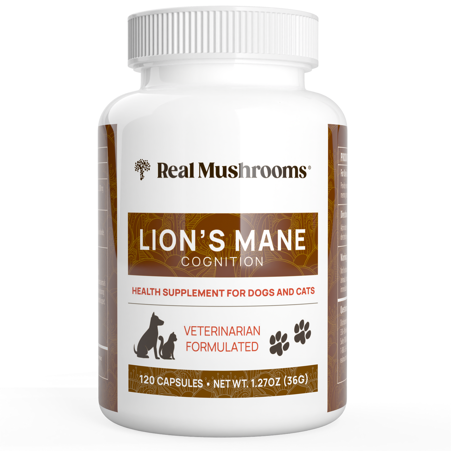A white bottle labeled "Real Mushrooms Organic Lions Mane Extract Capsules for Pets," an organic mushroom supplement for dogs and cats with 120 capsules, featuring Lion's Mane to support cognitive health.