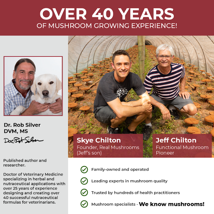 Over 40 years of Real Mushrooms' Organic Reishi Mushroom Capsules for Pets growing experience.