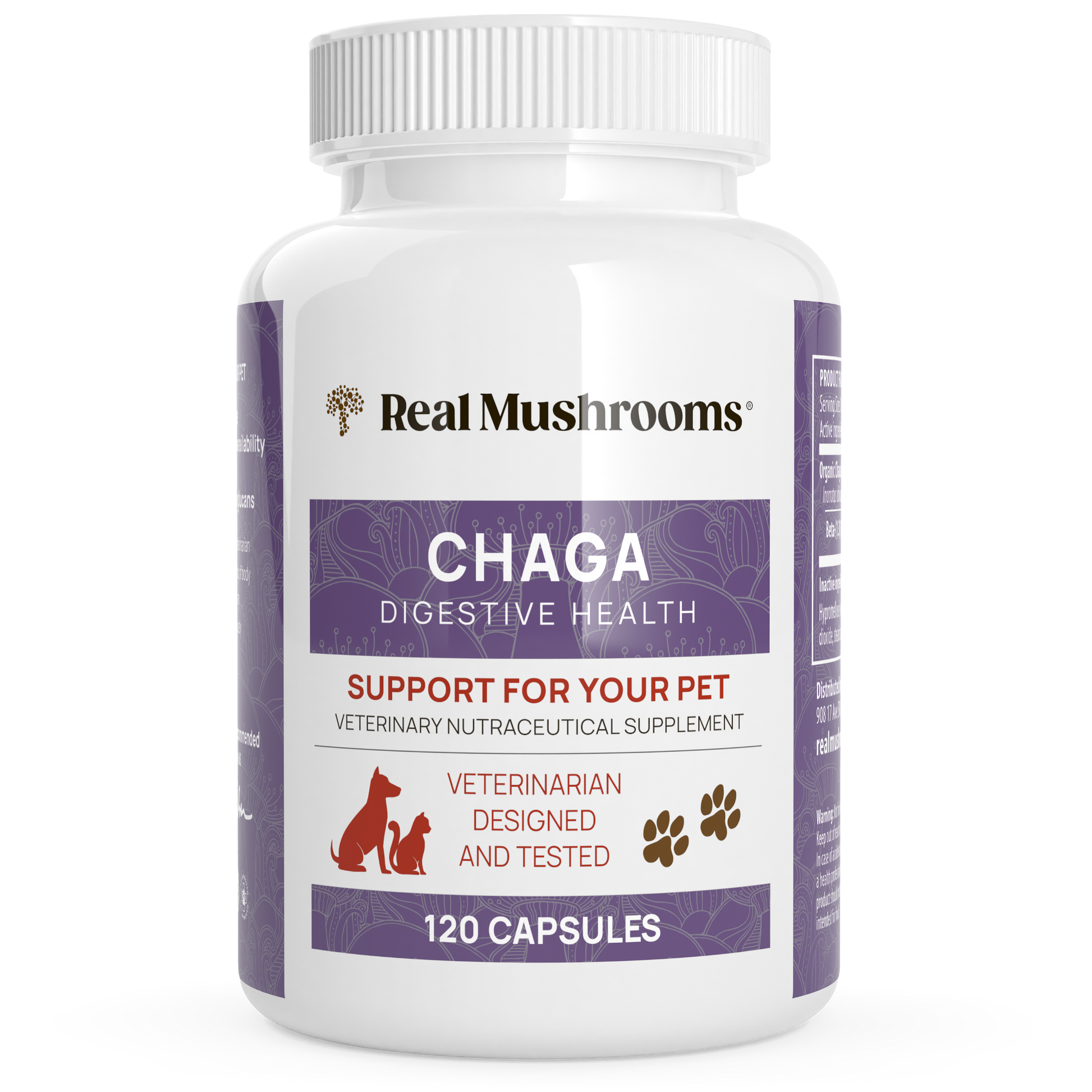 Real Mushrooms Organic Chaga Extract Capsules for Pets support for dogs and cats.