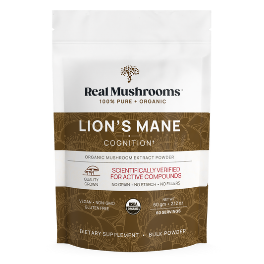 Bag of Real Mushrooms Lion's Mane Mushroom Powder cognition supplements, highlighting gluten-free and organic qualities on the label.