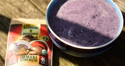 frozen blueberry bowl of smoothie with 5 defenders organic mushroom complex bulk powder