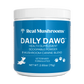 A blue container labeled "Real Mushrooms Daily Dawg Powder for Pets," a scoopable vet-formulated supplement for dogs with an 8-mushroom blend and beta-glucans, net weight 2.65 oz (75g).