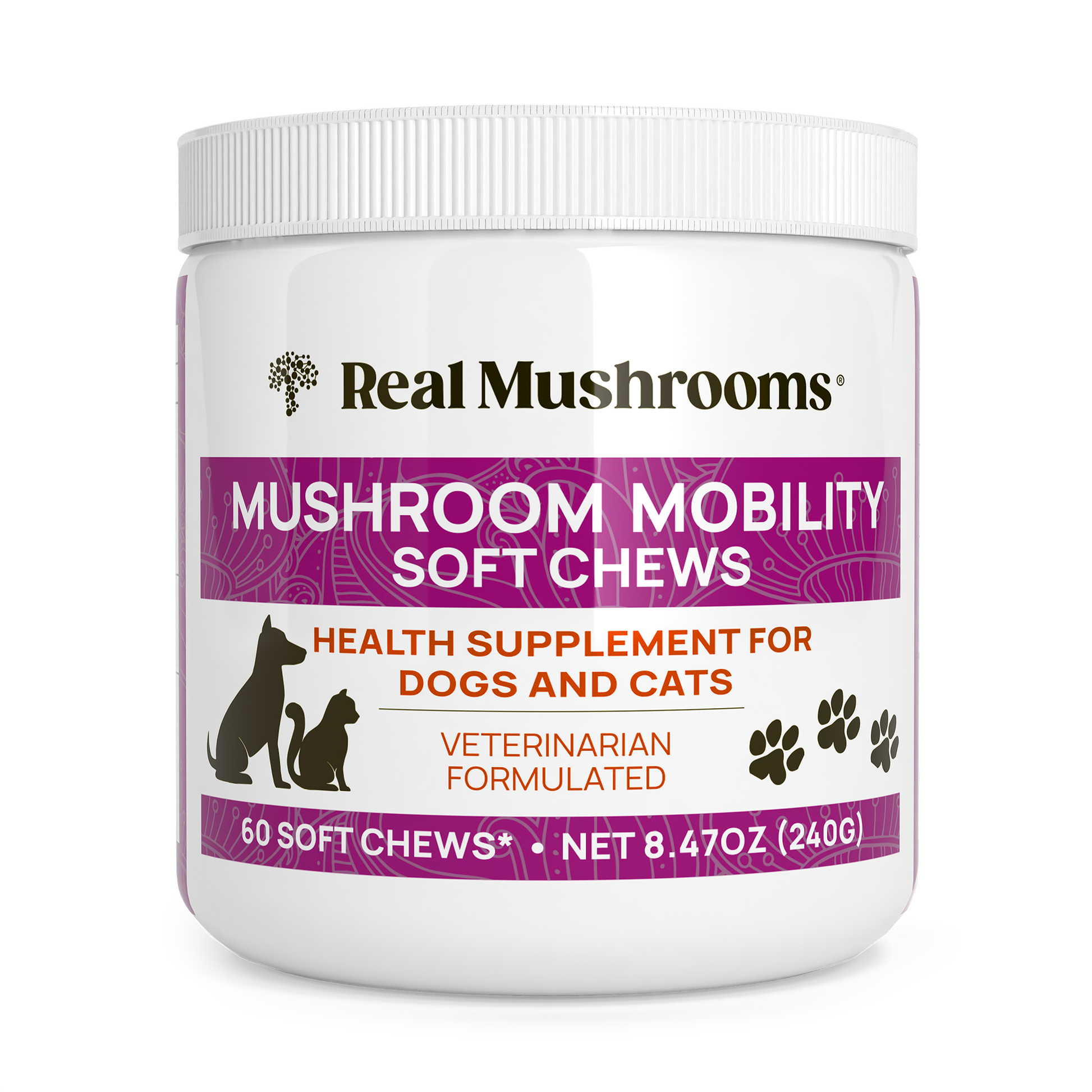 A white container labeled "Real Mushrooms Mushroom Mobility Pet Chews," a supplement with green lipped mussel to support joint health in dogs and cats. Each jar contains 60 soft chews.