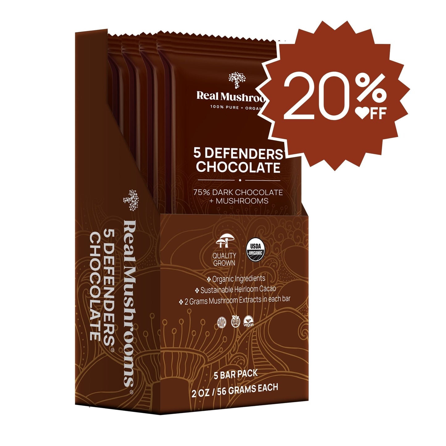 Enjoy Real Mushrooms' 5-pack Mushroom Chocolate Bars made with 75% dark chocolate and organic mushroom extract. This vegan treat is USDA organic certified and offers a "20% off" badge, highlighting the use of organic ingredients in every delicious and nourishing bite.