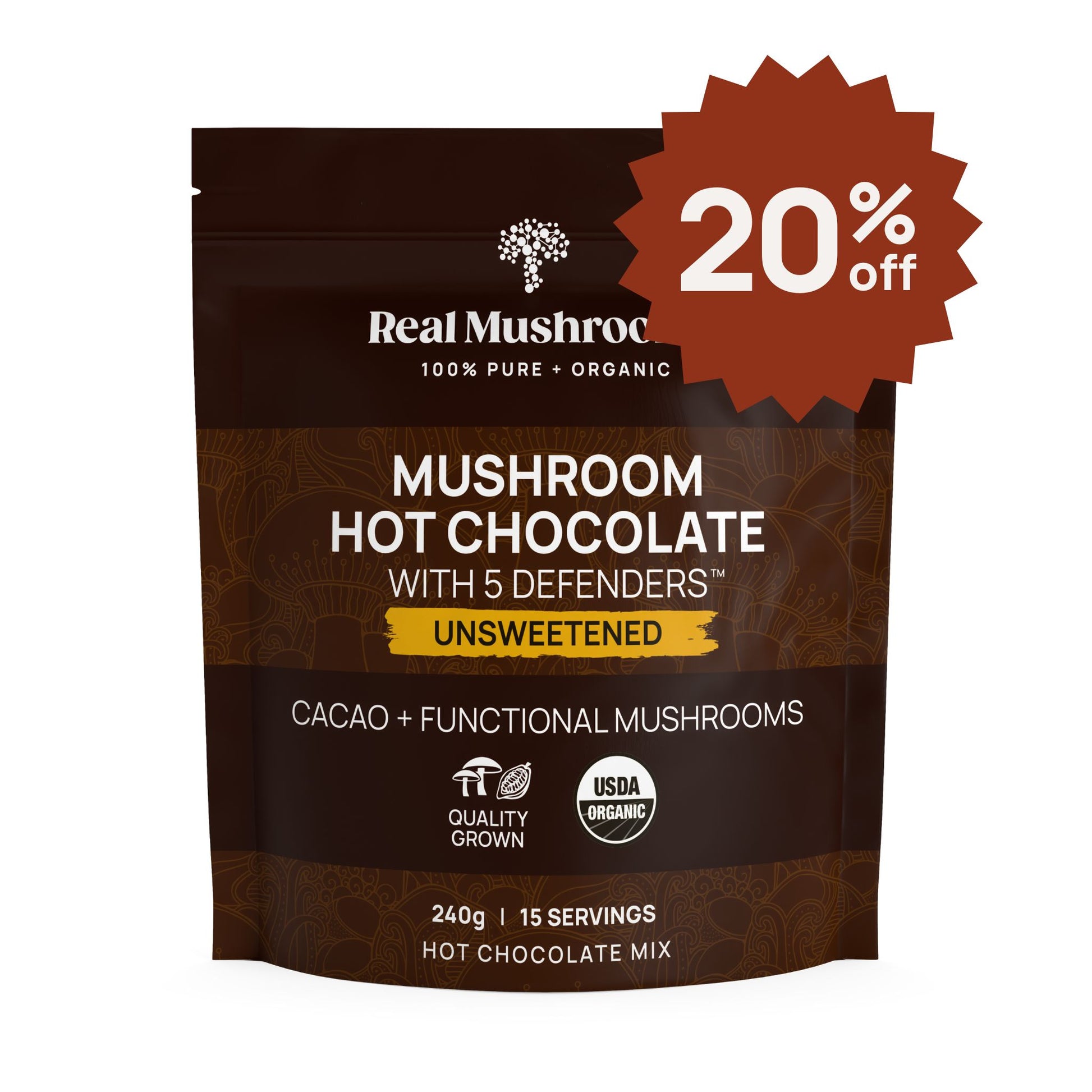 Savor the rich taste of Real Mushrooms' Mushroom Hot Chocolate Mix, featuring a Mushroom Extract Blend and organic cacao powder. This unsweetened, USDA Certified Organic mix comes in 240g packs, offering 15 servings with a "20% off" label to enhance the deal!.