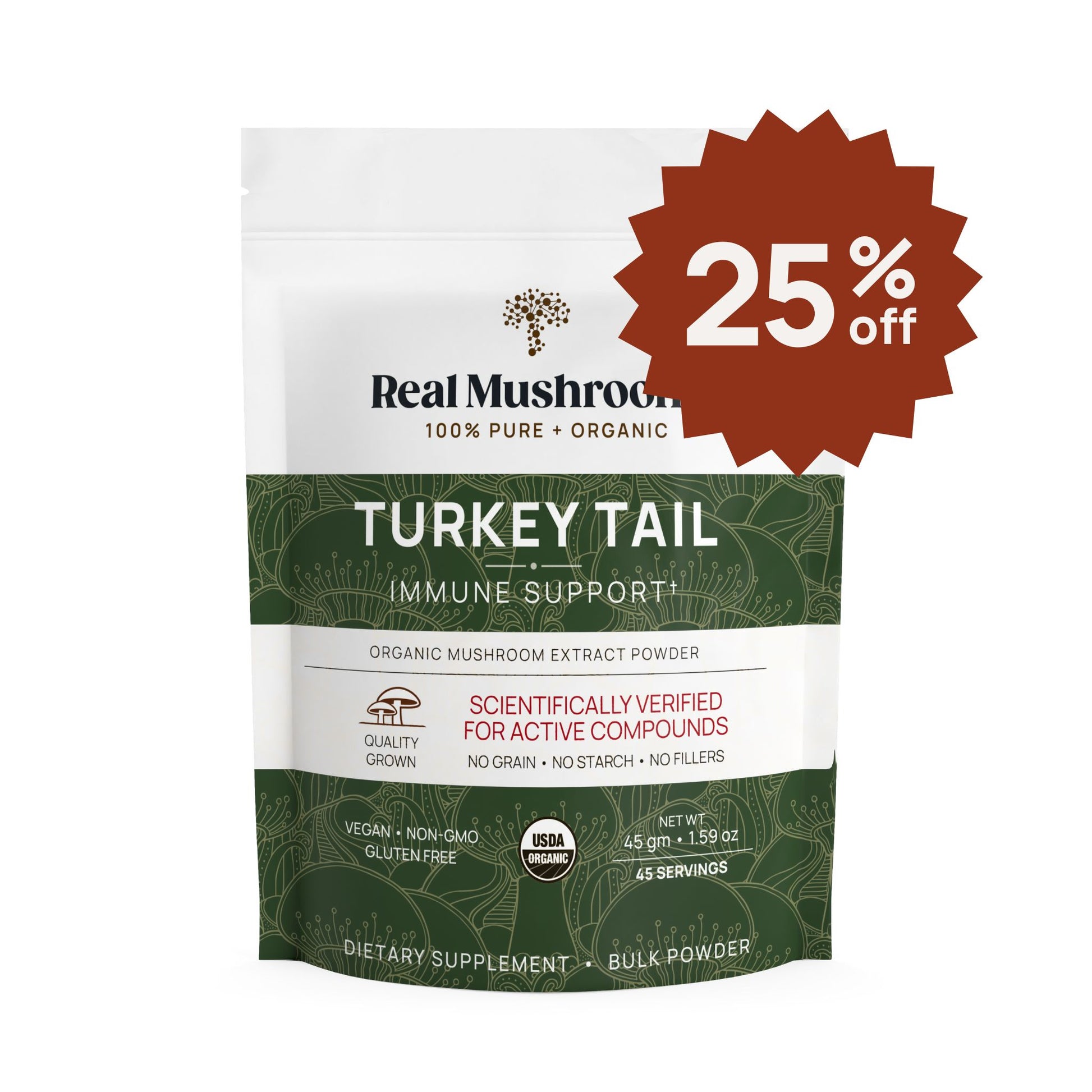 A bag of Real Mushrooms Turkey Tail Extract - Bulk Powder with a "25% off" label. The packaging showcases organic mushroom extract and scientifically verified beta-glucans from turkey tail mushrooms.