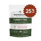 A bag of Real Mushrooms Turkey Tail Extract - Bulk Powder with a "25% off" label. The packaging showcases organic mushroom extract and scientifically verified beta-glucans from turkey tail mushrooms.