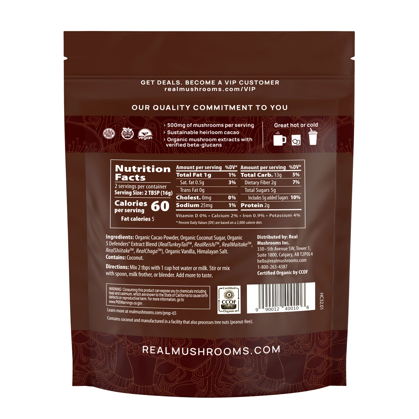 The Hot Chocolate Sample package from Real Mushrooms showcases USDA Certified Organic nutritional details, ingredients, and preparation instructions on the back, with branding and promotional text prominently displayed at the top.