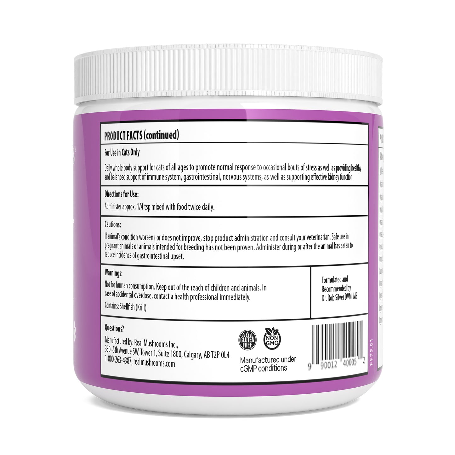 The Functional Feline Powder for Cats by Real Mushrooms comes in a purple-labeled container with detailed information, including directions, warnings, and manufacturer details on the back. Enhance your cat's whole-body health with Certified Organic mushrooms formulated by Dr. Rob Silver DVM.