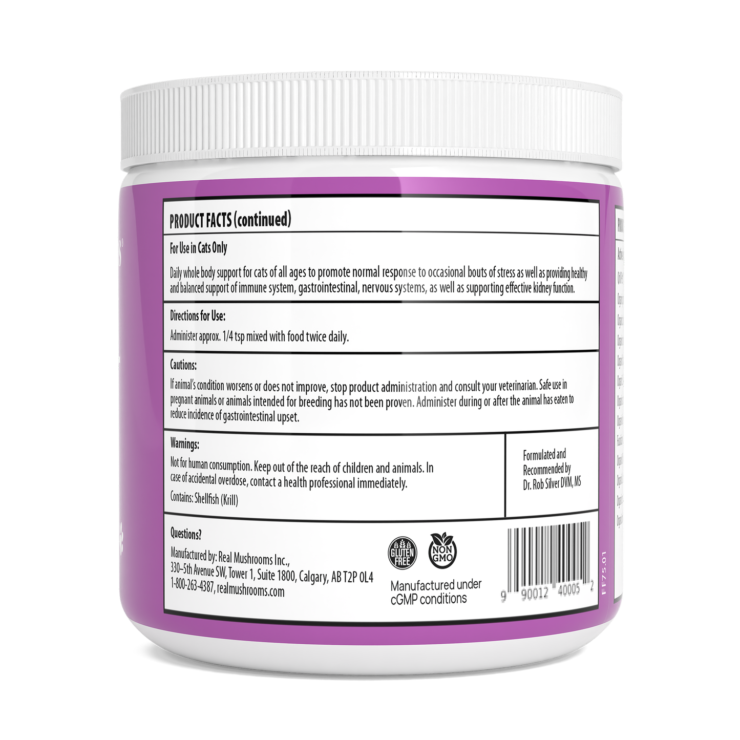White plastic container with a purple label showing product facts, directions, cautions, warnings, and manufacturer contact info for Real Mushrooms Functional Feline Powder for Cats, a veterinary-formulated dietary supplement with beta-glucans.