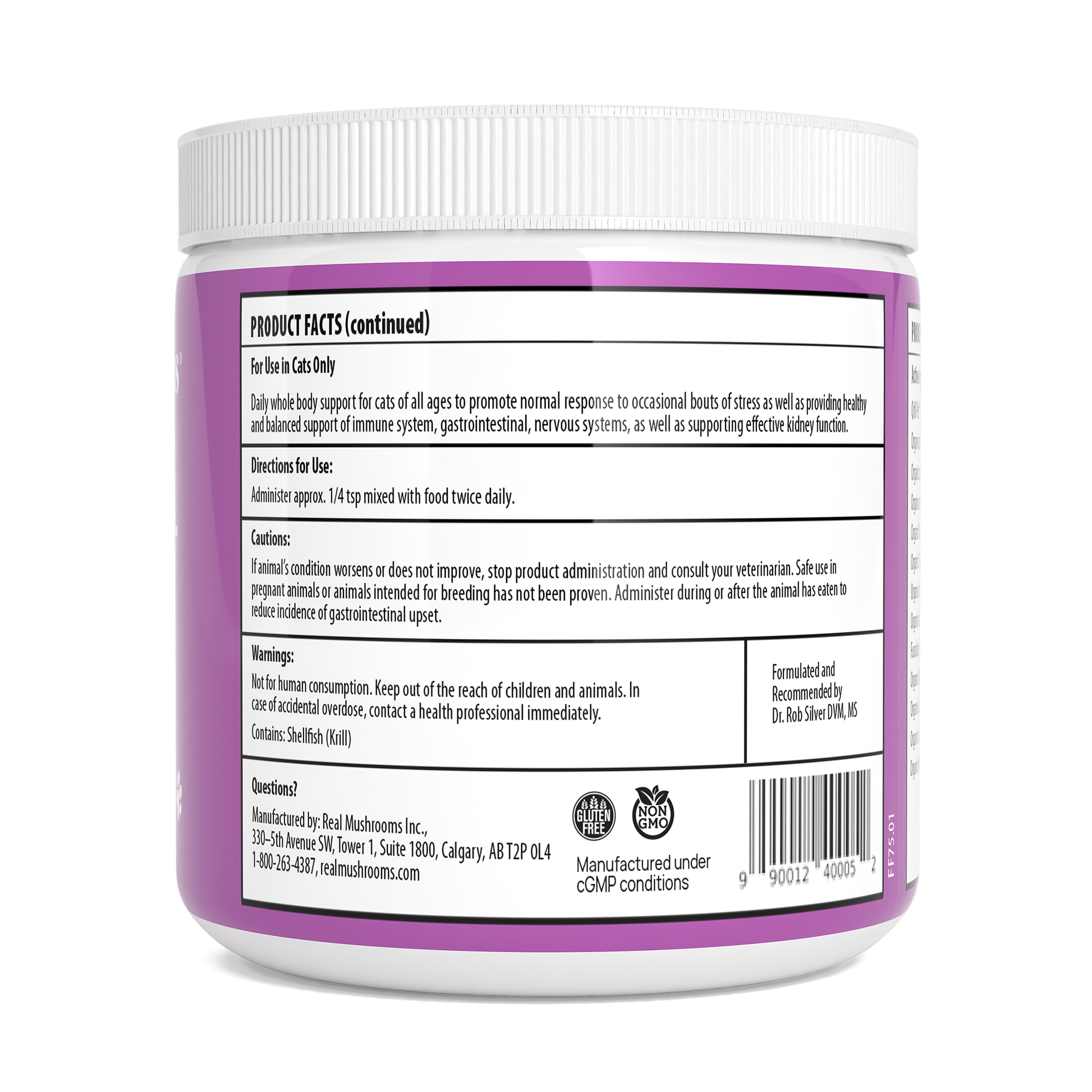 White plastic container with a purple label showing product facts, directions, cautions, warnings, and manufacturer contact info for Real Mushrooms Functional Feline Powder for Cats, a veterinary-formulated dietary supplement with beta-glucans.