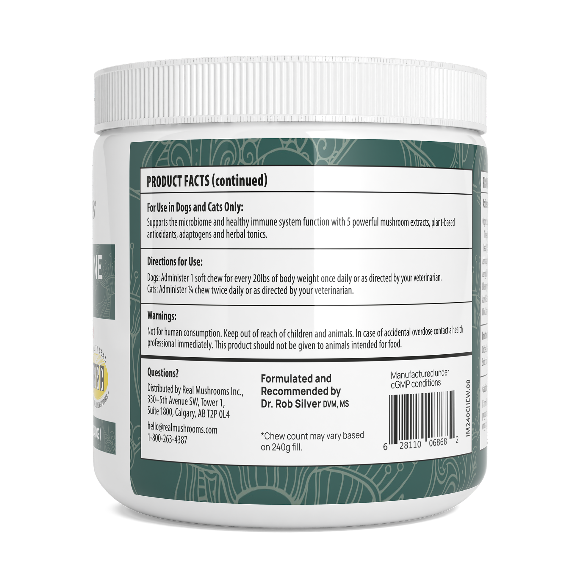 A white container labeled Mushroom Immune Pet Chews by Real Mushrooms, enriched with beta-glucans to support your pet’s well-being.