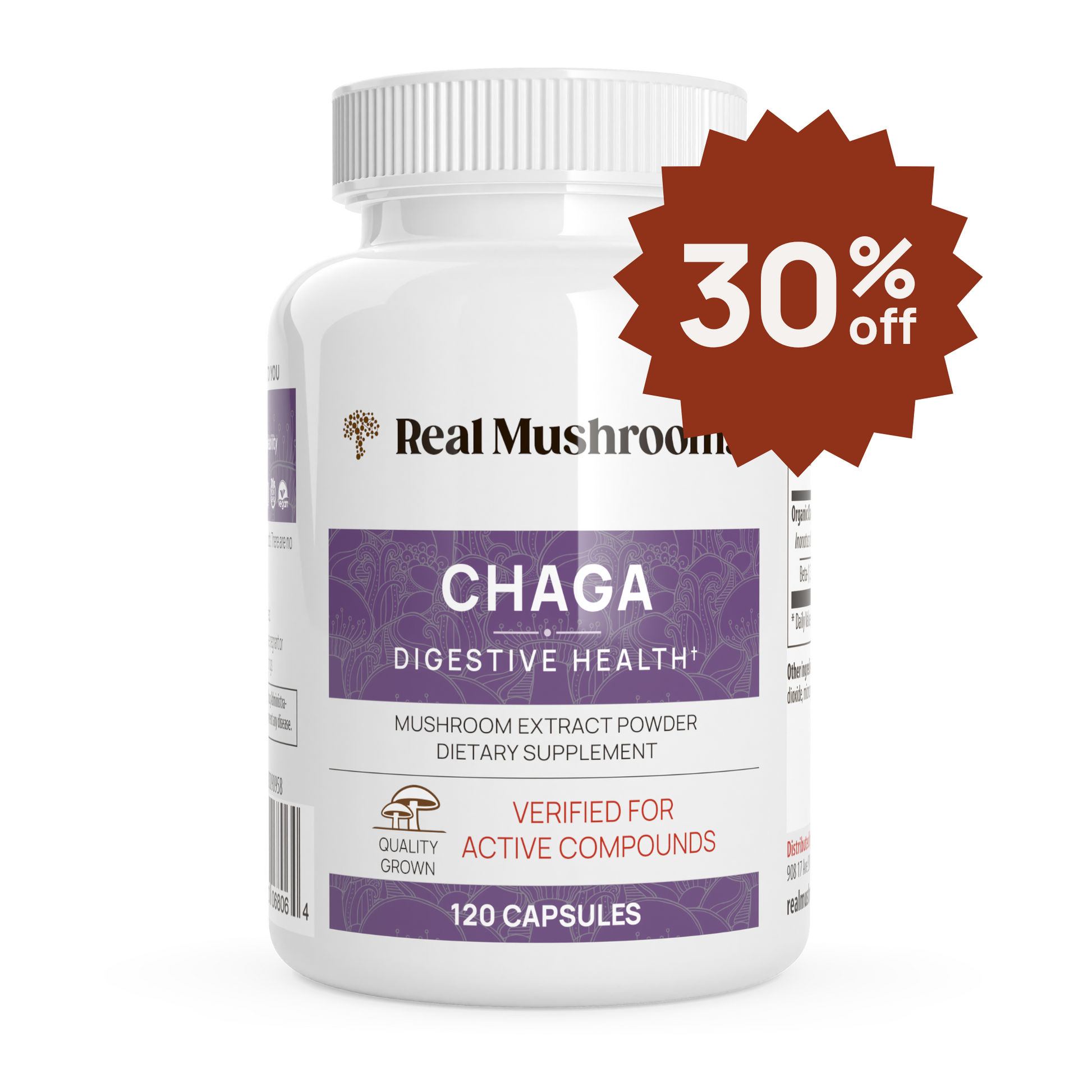 Real Mushrooms Organic Chaga Extract Capsules bottle with "30% off" label, containing 120 capsules rich in beta-glucans to promote digestive health.