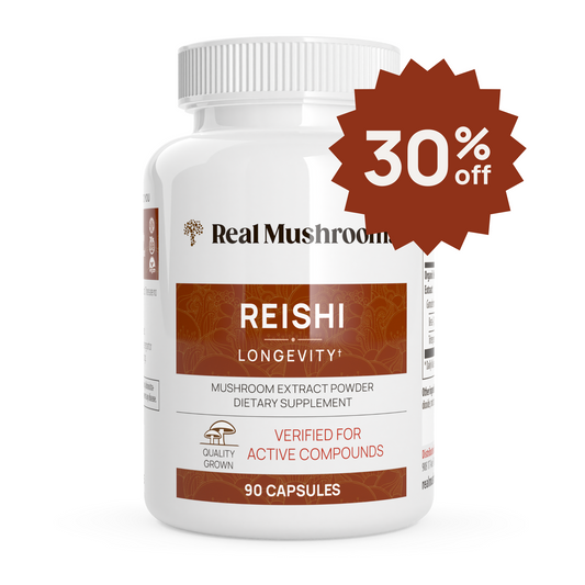 Real Mushrooms' Organic Reishi Mushroom Capsules, enriched with beta-glucans, feature a "30% off" badge and contain 90 vegan capsules.