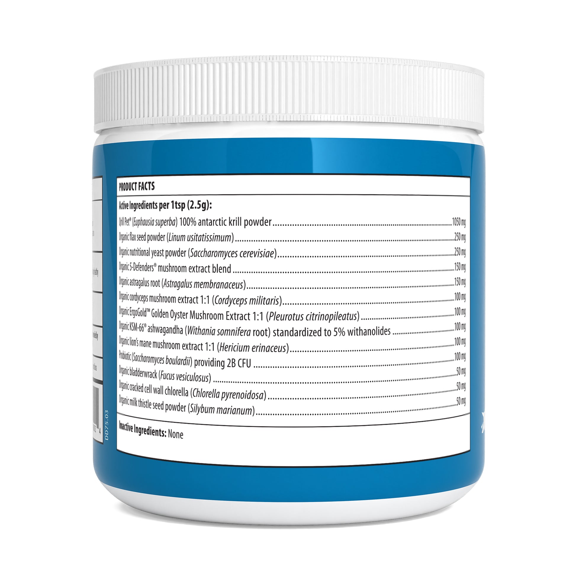 A blue and white Daily Dawg Powder for Pets container by Real Mushrooms displays a nutrition label listing Beta-glucans and active ingredients per teaspoon, featuring Certified Organic mushrooms.