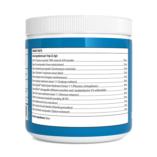 The Real Mushrooms Daily Dawg Powder for Pets label lists product facts and ingredients, including krill powder, organic mushroom with beta-glucans, ashwagandha, and probiotics per 1 tsp (2.5g) serving.