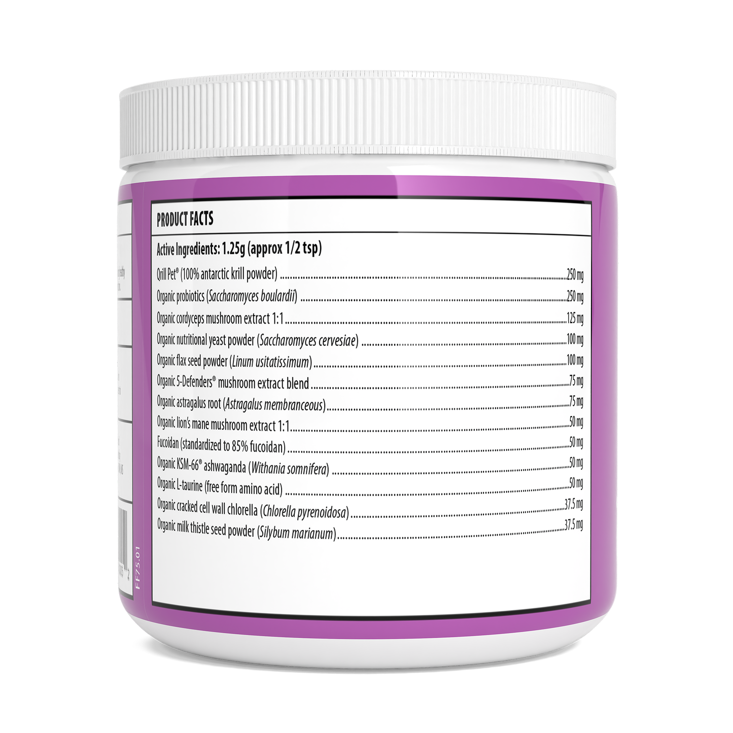 A white container of Real Mushrooms’ Functional Feline Powder for Cats features a purple label listing active organic ingredients, such as beta-glucans, and their per 1.25g serving amounts on the side.