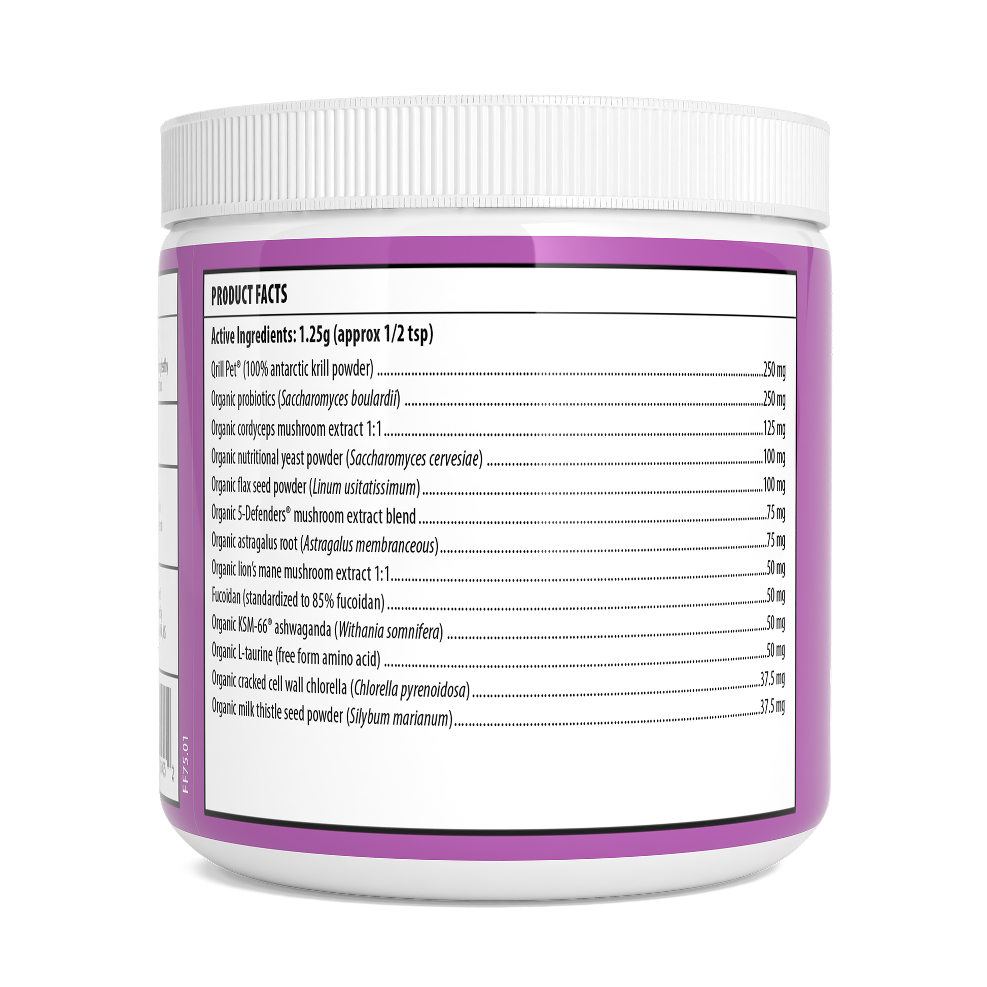 A white container of Real Mushrooms’ Functional Feline Powder for Cats features a purple label listing active organic ingredients, such as beta-glucans, and their per 1.25g serving amounts on the side.