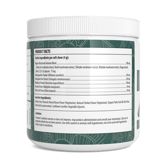 Close-up of a Mushroom Immune Pet Chews container label by Real Mushrooms, displaying product facts such as active and inactive ingredients, dosage, and usage instructions.