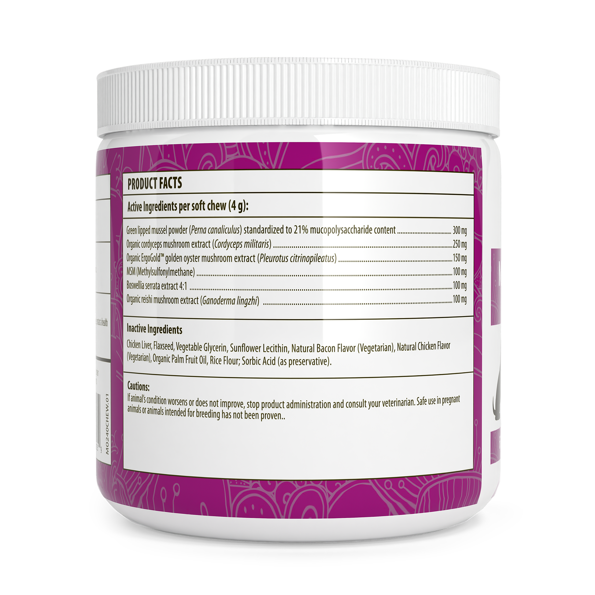 The image displays the product label for Real Mushrooms Mushroom Mobility Pet Chews, showing active and inactive ingredients, directions, and cautions for this soft chew supplement supporting pet joint health with green lipped mussel.