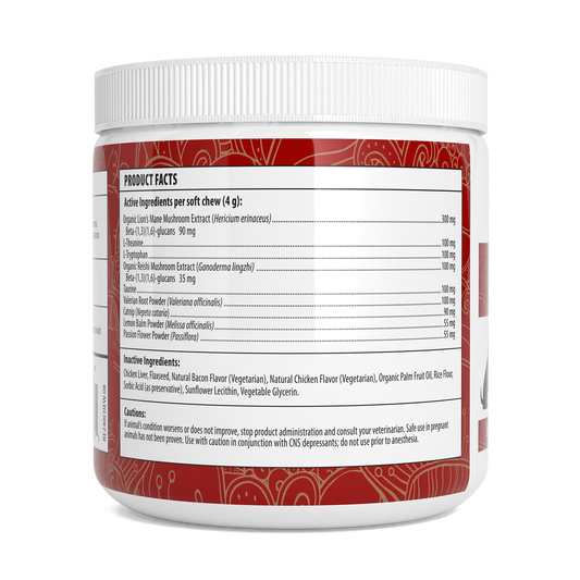 Back label of Real Mushrooms' Mushroom Relax Pet Chews detailing product facts, active and inactive ingredients like Reishi and Lion's Mane mushrooms, plus essential cautionary info.
