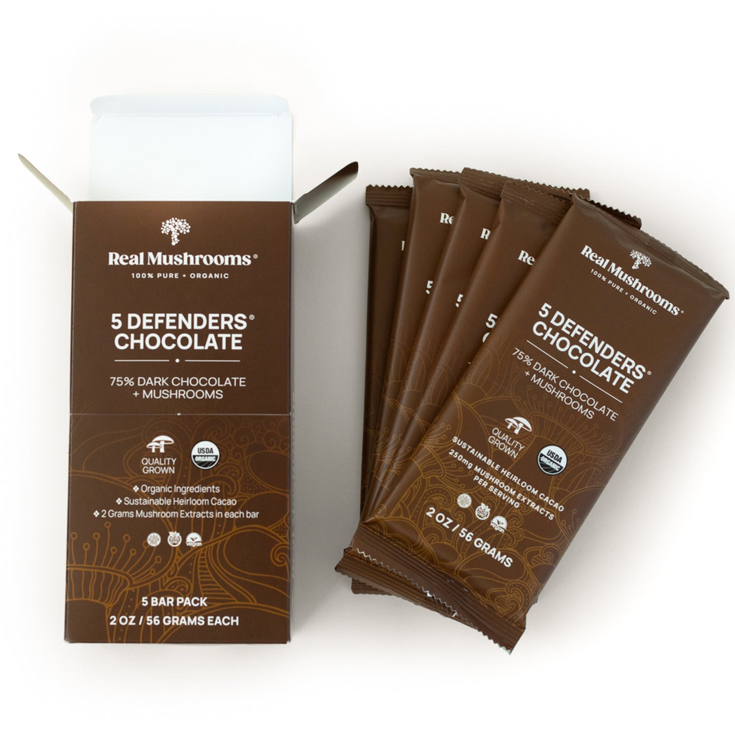 A box of "Mushroom Chocolate Bar - 5 Pack" from Real Mushrooms contains five vegan bars, each weighing 56g, featuring 75% dark chocolate enriched with organic mushroom extract for a unique twist.