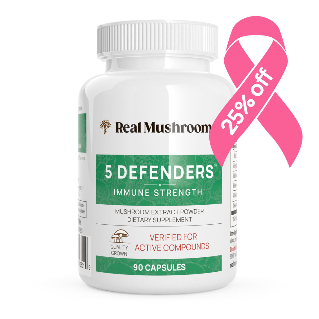 A bottle of Real Mushrooms 5 Defenders Organic Mushroom Blend Capsules, a dietary supplement rich in organic mushroom extract powder and beta-glucans, labeled for immune strength and verified for active compounds. A pink ribbon indicates a 25% discount.