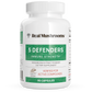A white bottle labeled "Real Mushrooms 5 Defenders Organic Mushroom Blend Capsules," containing 90 vegan capsules rich in beta-glucans for immune support.